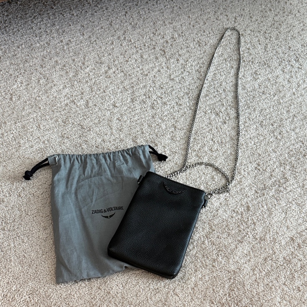 Zadig & Voltaire Black Leather Crossbody phone purse with Silver Chain